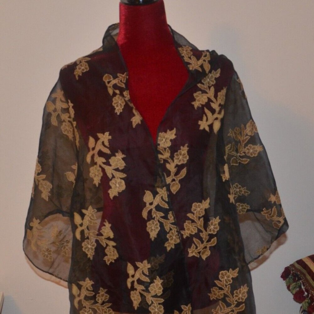 Bindya Silk scarf with Gold embroidered floral design NWT